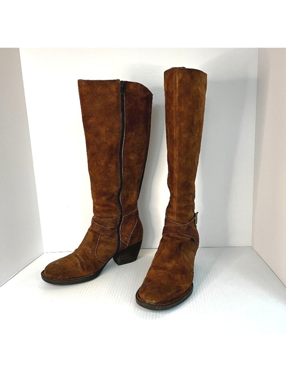 BORN Tobacco Brown Suede Tall Boots 7.5M Block Heel Harness Side Zip